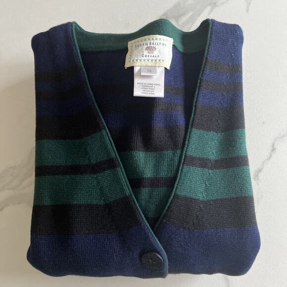 Susan Bristol Vtg Tunic Cardigan Sweater Blue Green Black Stripe Pockets Size XL - Picture 11 of 11
